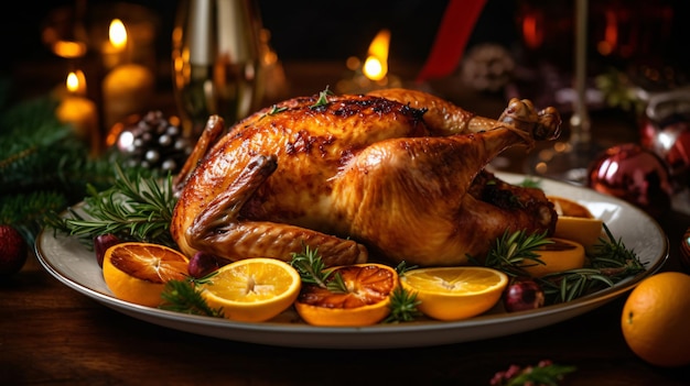 Thanksgiving Feast Aromatic Turkey on a Platter with Citrusy Oranges and Warm Candles Generative AI