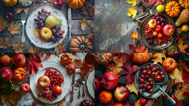 Thanksgiving feast Autumn fruit with plate and cutlery Thanksgiving autumn background