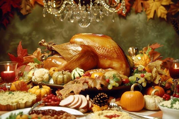 Thanksgiving Feast with Roasted Turkey and Autumn Decorations