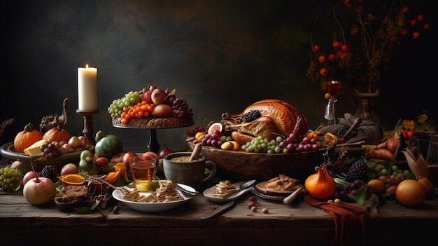 A thanksgiving feast with a table full of food and a vase of fruit.