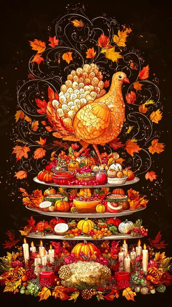 Photo thanksgiving feast with turkey and autumn decorations