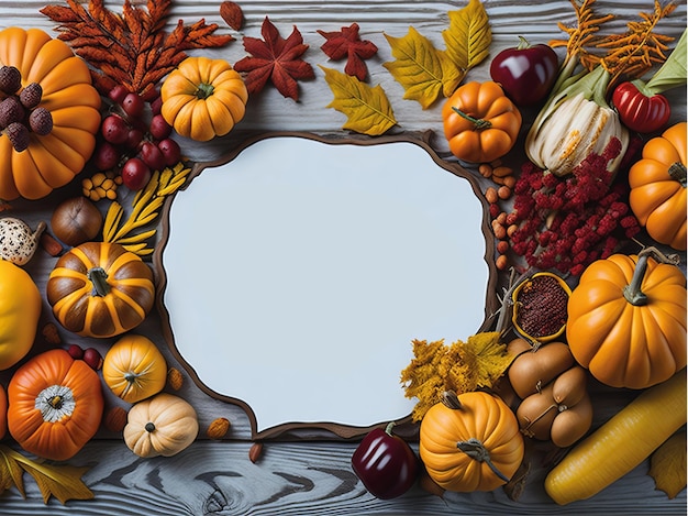 A thanksgiving frame with a pumpkin and other thanksgiving items.