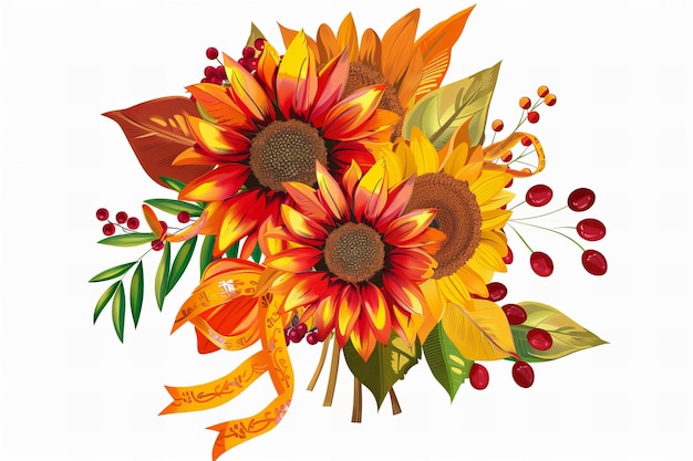 Thanksgiving greeting card illustration A beautiful bouquet of sunflowers leaves and berries tied wi