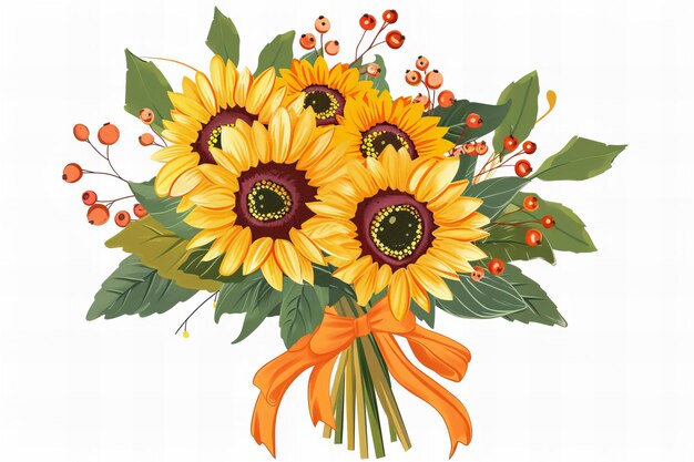 Thanksgiving greeting card illustration A bouquet of sunflowers leaves and berries tied with an oran