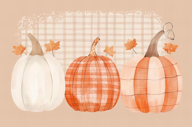 Thanksgiving greeting card illustration Logo with a cute brown background featuring three pumpkins i