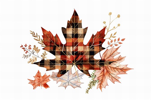 Photo thanksgiving greeting card illustration a plaid maple leaf with autumn elements clipart in the style