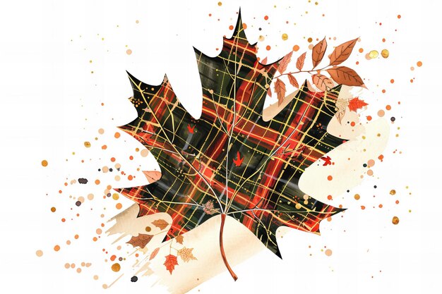 Photo thanksgiving greeting card illustration a plaid maple leaf with autumn elements clipart in the style