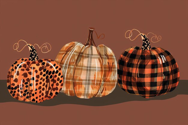 Thanksgiving greeting card illustration Three pumpkins in a plaid and leopard print pattern on a bro