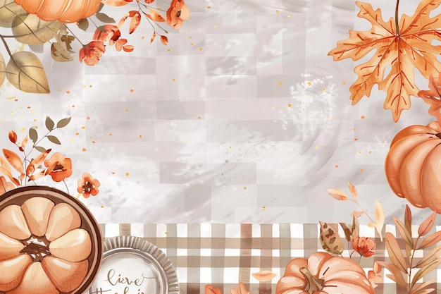 Photo thanksgiving greeting card illustration watercolor gray and white checkered background with fall lea