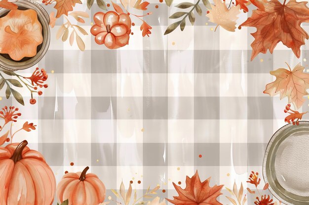 Thanksgiving greeting card illustration watercolor gray and white checkered background with fall lea