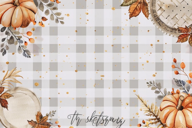 Photo thanksgiving greeting card illustration watercolor gray and white checkered background with fall lea