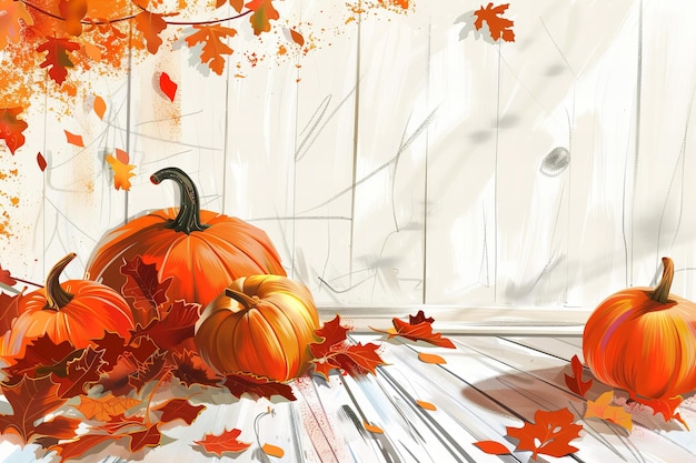 Thanksgiving greeting card illustration White background white wood texture orange pumpkins and fall