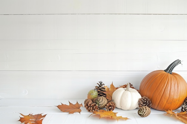 Thanksgiving greeting card illustration White background with pumpkins pine cones and autumn leaves