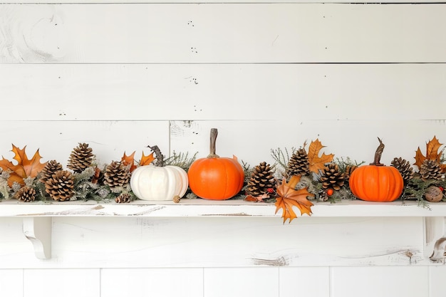 Thanksgiving greeting card illustration White background with pumpkins pine cones and autumn leaves