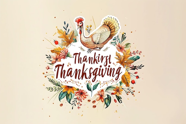 Thanksgiving Greeting Card with Turkey and Floral Frame