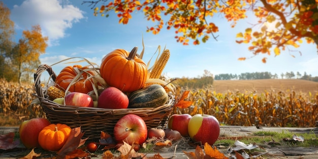 Thanksgiving harvest basket with pumpkins squash and cornucopia on a wooden table at sunset Concept Fall Harvest Thanksgiving Decor Sunset Seasonal Vegetables Wooden Table Generated AI