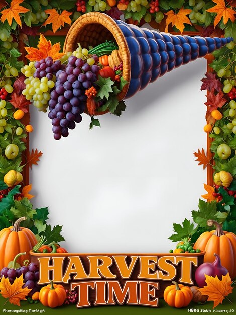 Photo thanksgiving harvest cornucopia border with grapes and harvest time word display festive fall desi