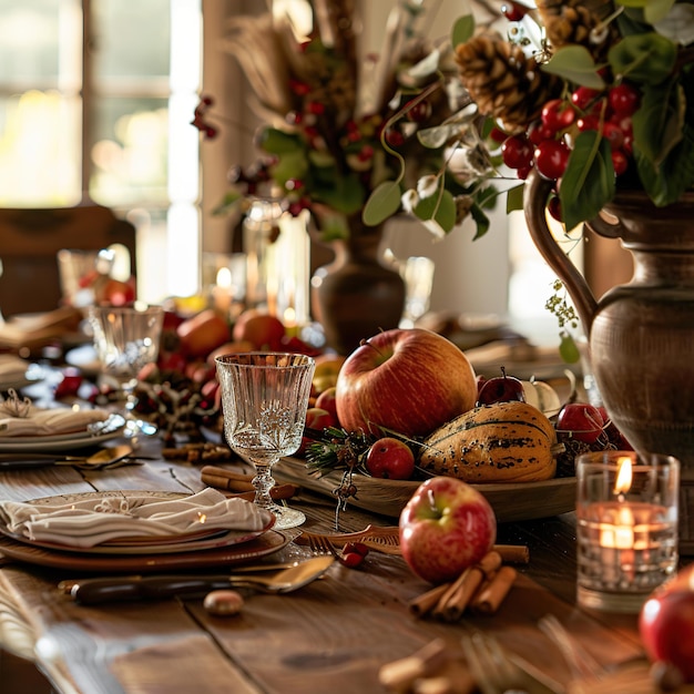 Photo thanksgiving harvest table with apple and cinnamon decor