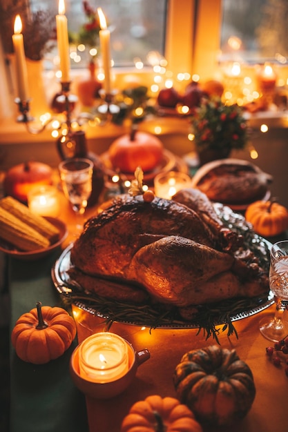 Thanksgiving holiday dinner table setting with fall decoration and pumpkins