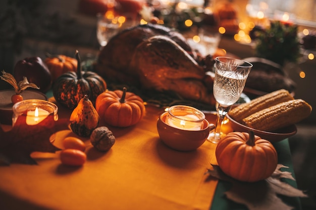 Thanksgiving holiday dinner table setting with fall decoration and pumpkins