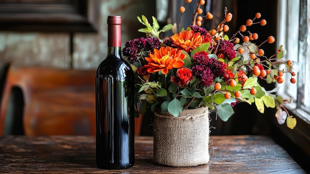 Photo a thanksgiving hostess gift featuring a bouquet of fresh fall flowers and a bottle of red