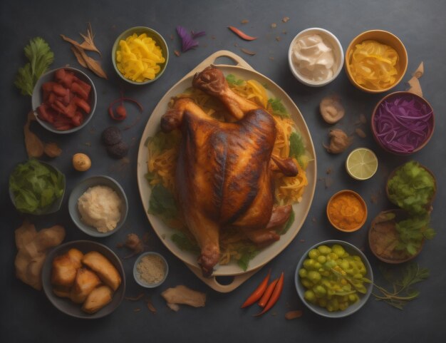 A thanksgiving meal with a turkey on the table