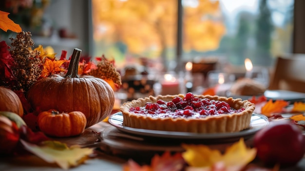 Photo thanksgiving pie with autumn decoration