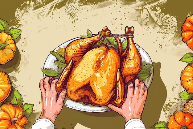 Thanksgiving poster of Apronclad hands tying a turkeys legs