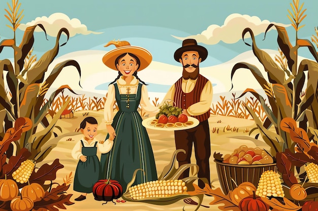 Thanksgiving poster of Family dinner and Corn stalks and Pilgrim settlement