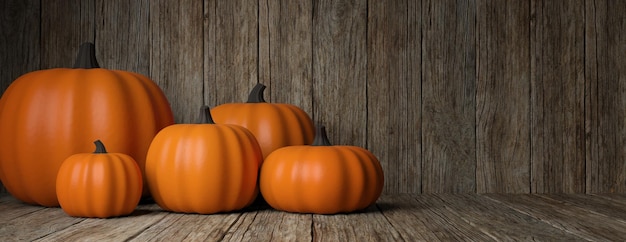 Thanksgiving Pumpkins on rustic wooden background banner copy space 3d illustration