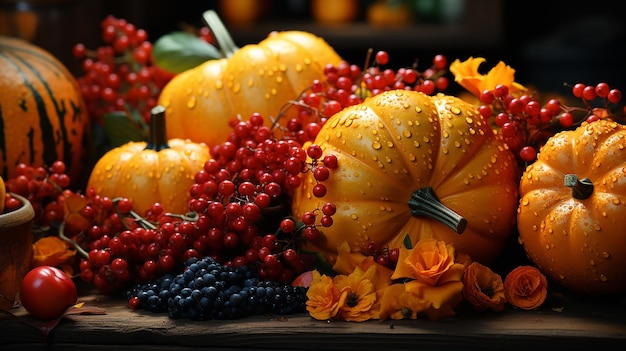 Thanksgiving pumpkins with fruits and falling leaves Generative AI