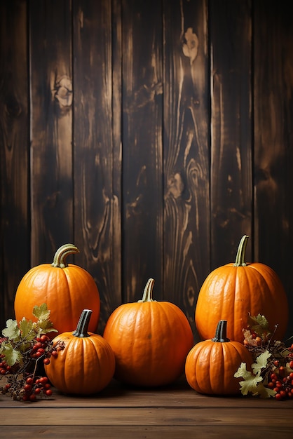 Thanksgiving pumpkins with space for text on brown wood background Halloween and Holiday decoration