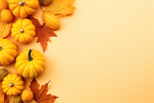 Thanksgiving still life composition with pumpkins and leaves on yellow background