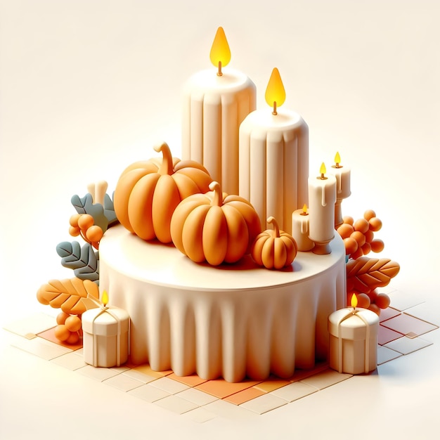 Thanksgiving Table Decor 3D Flat Icon Candles and Gourds Centerpiece Copy Space White Background