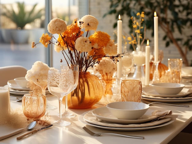 Thanksgiving table decor in orange and beige