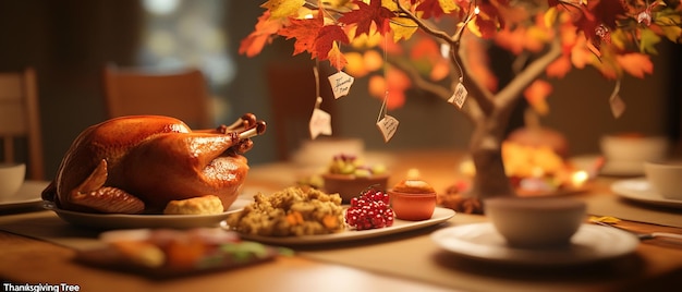 Photo thanksgiving table featuring a festive thanksgiving tree