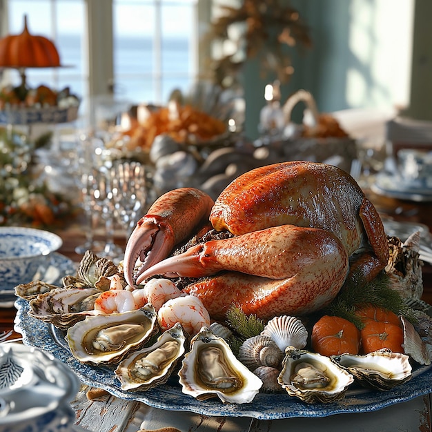 Photo thanksgiving table featuring a seafood platter