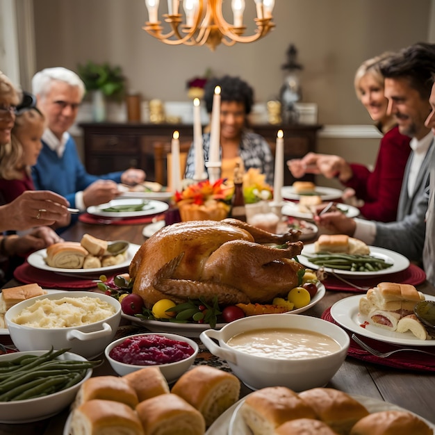 A Thanksgiving table filled with festive dishes with a beautifully roasted turkey at the center