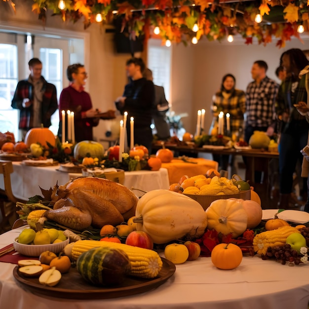 A Thanksgiving table filled with festive dishes with a beautifully roasted turkey at the center