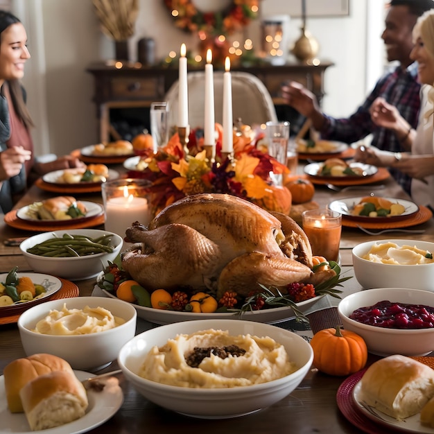 A Thanksgiving table filled with festive dishes with a beautifully roasted turkey at the center