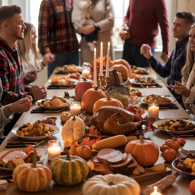 A Thanksgiving table filled with festive dishes with a beautifully roasted turkey at the center