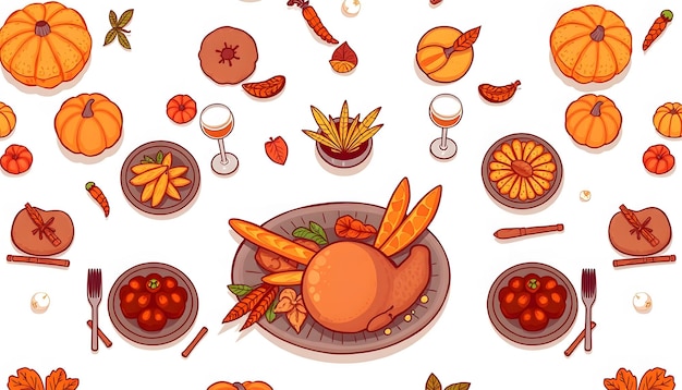 Photo thanksgiving table food illustration pattern isolated with white highlights