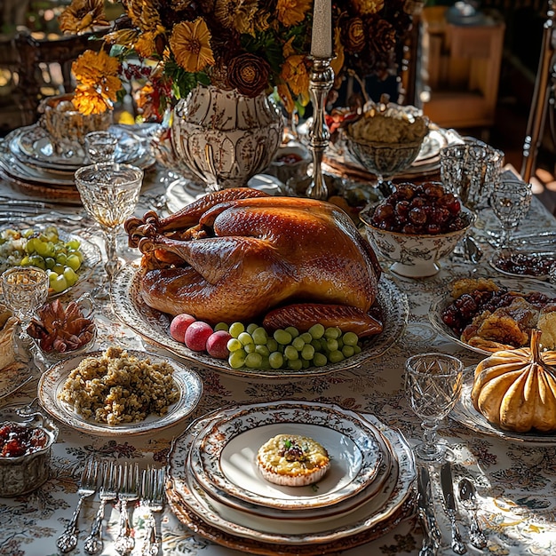 Photo thanksgiving table set with heirloom china