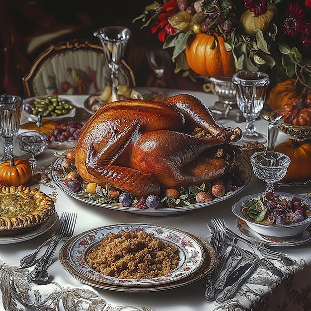 Photo thanksgiving table set with heirloom china