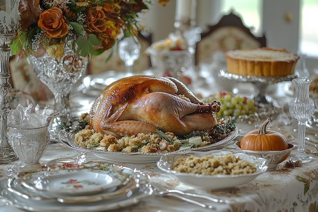 Photo thanksgiving table set with heirloom china