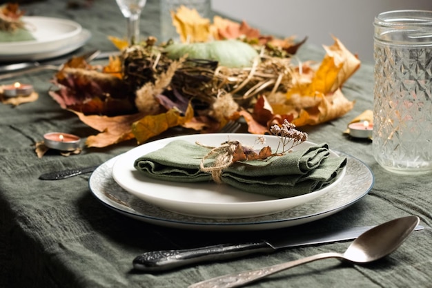 Thanksgiving table setting for autumnal feast