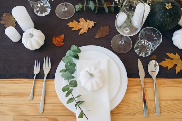 Thanksgiving table setting tableware and decor decoration family holiday Autumn mockup top view