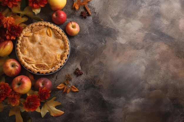 A thanksgiving table with a pie and fall leaves