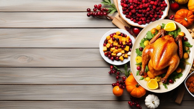 Thanksgiving turkey background with copy space Roasted turkey garnished cranberries and herbs on light wooden table Festive dish served for Thanksgiving or Christmas family dinner top view