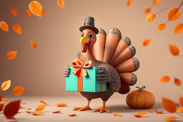 Photo thanksgiving turkey bird wearing a pilgrim hat and holding different things